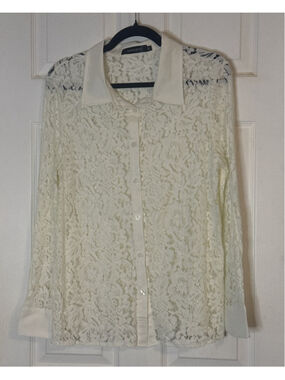 MEROKEETY Cream Lace Button Down Shirt M